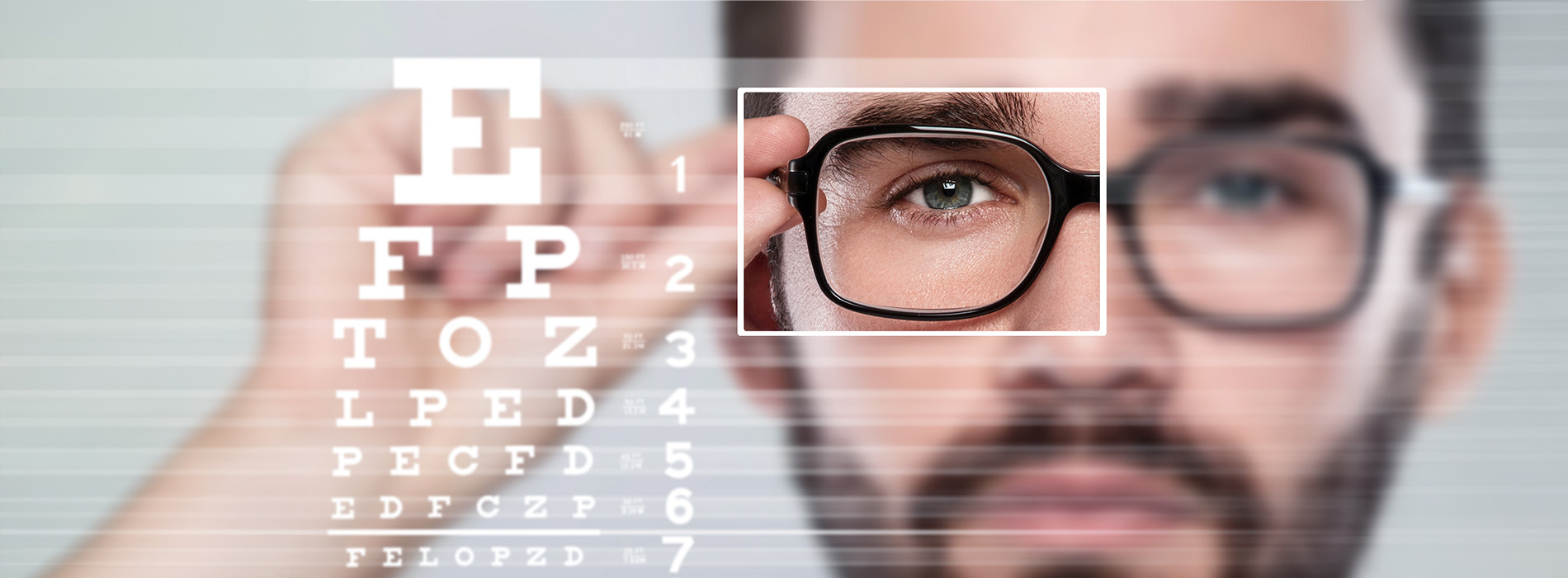 The image features a man with glasses holding up an eye chart, using a magnifying glass to inspect his eyesight.